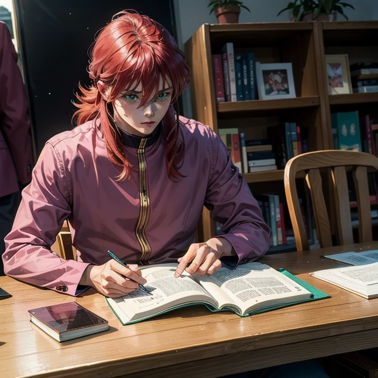 {{One boy, flower, Long Hair, Redhead, green eyes, Alone, Contrasting, pink , pink uniform,  anime style, (Comiket), table, chair, Books, indoor, photo background, indoor,Sexy nape 