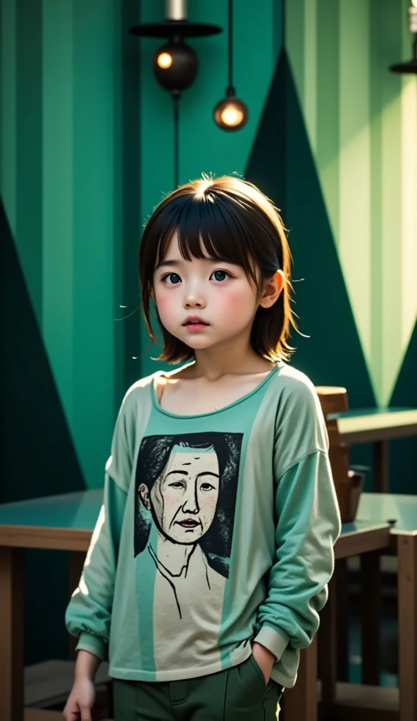  Geometric background :1.3、  dark color、  cute girl hair、  Look Away  、Printed shirt、Picasso painting t-shirt 、  loose clothes  、Retro、Best Quality、super detailed、  high quality details 、green