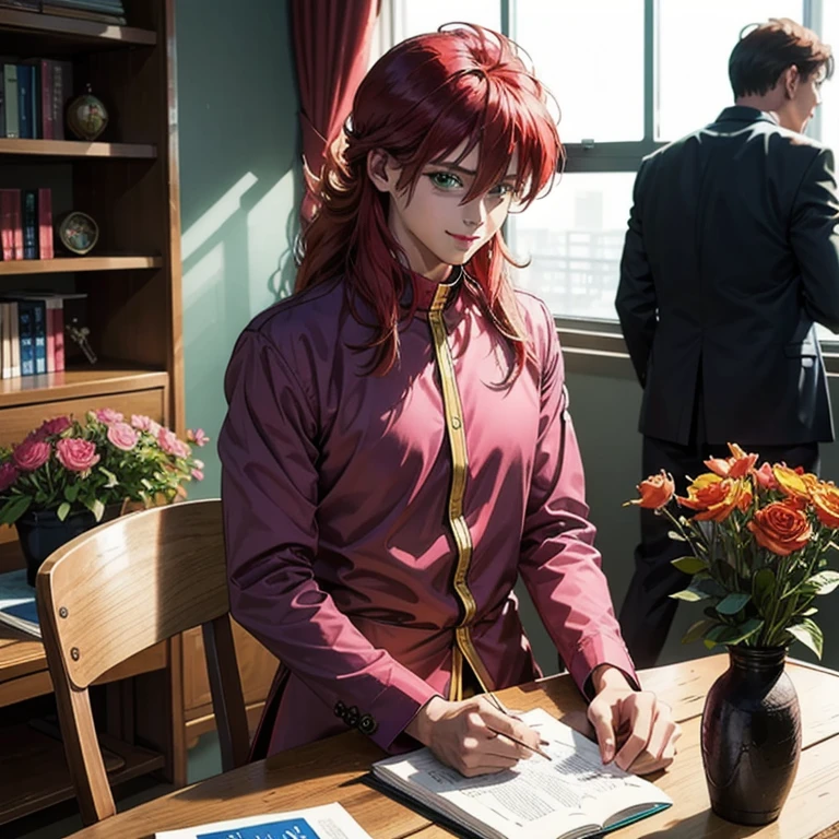 {{One boy, flower, Long Hair, Redhead, green eyes, Alone, Contrasting, pink , pink uniform,  anime style, (Comiket), table, chair, Books, indoor, photo background, indoor,Sexy nape 　Gentle smile