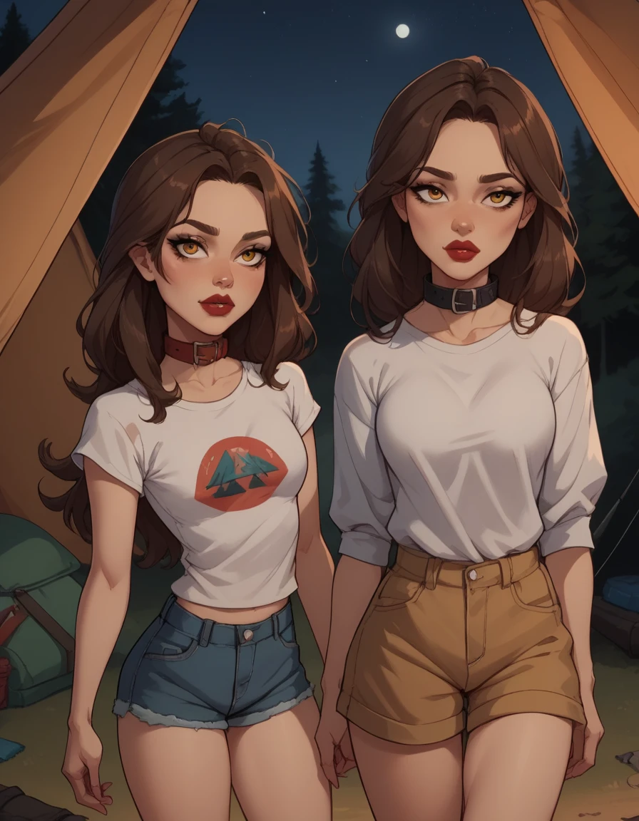 blue. black mascara and red lipstick .   wavy dark brown hair down to the middle of the back with two additional locks above the shoulders. amber eyes. collar. camp. tent. night. shorts. shirt. The view from behind.  mother and daughter 