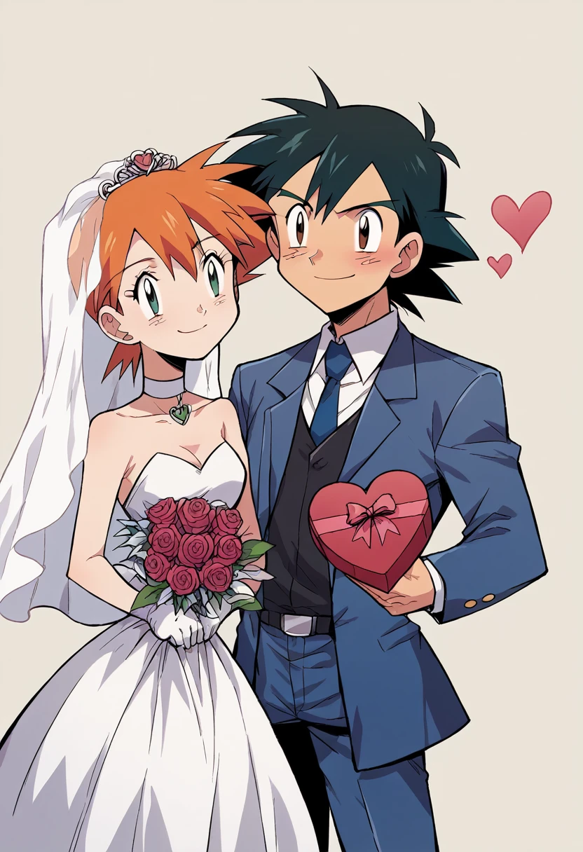 rompts
Copy
1boy, black hair, brown eyes, hair between eyes, ash ketchum, groom, suit, handsome boy, macho, good looking boy 1girl, misty pokemon, orange hair, hair down, green eyes, bride, pretty, beautiful girl photograph of a 18 years old couple, Masterpiece, Valentine's day, hapiness，Smile，chocolate，Rose，Heart，wedding，Wedding dress，animation aesthetics，ultra high definition, masterpiece, precise, anatomically correct, textured skin, Super details, 8K

