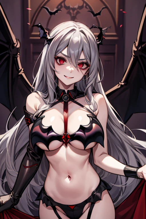 (((grey long hair))), (((red eyes))), Ladydevimon, (((lingerie))), (((bat lingerie))), cleavage, underboob, masterpiece, best quality, black wings, hair ornament, fireplace, looking at viewer, furrowed brow, smile,Halloween party bedroom, large breasts, Very detailed、highest quality、Best image quality、masterpiece、8k、Anime Face、A kind smile、Open Mouth、sexy、 beautiful body 、Cowboy Shot,Sexual Intercourse