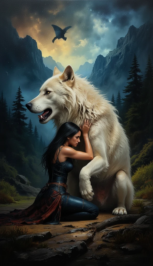 dark fantasy, horror, oil painting on canvas, a female wilderness warrior kneeling and strong hugging with arms a wounded huge white wolf, wolf is larger than woman, detailed realistic wilderness mountains forest background, 1 detailed woman, , huge white wolf with angry look, doomy, moody, dark vibrant colors, dramatic, fantasy, epic, masterpiece, hard brush, (SFW)