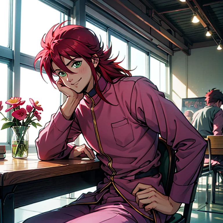 {{One boy, flower, Long Hair, Redhead, green eyes, Alone, Contrasting, pink , pink uniform,  anime style, (Comiket), table, chair, Books, indoor, photo background, indoor,Sexy nape 　Gentle smile