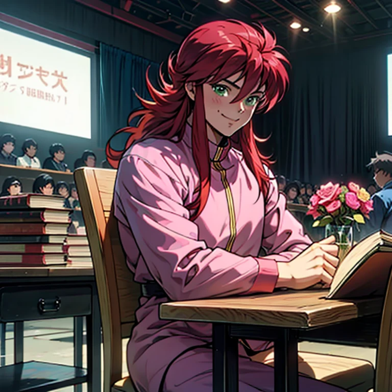 {{One boy, flower, Long Hair, Redhead, green eyes, Alone, Contrasting, pink , pink uniform,  anime style, (Comiket), table, chair, Books, indoor, photo background, indoor,Sexy nape 　Gentle smile