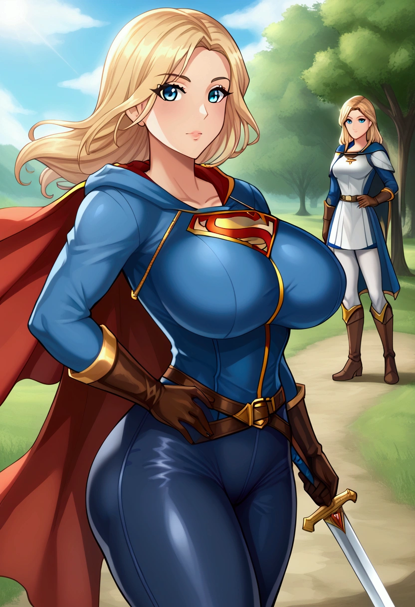 Supergirl, anime, isekai, medieval,  big breasts , large waist, big butt,  Lightweight Tunic ,  tight pants ,  Hooded Cape , paladin, sword, armor,  leather gloves , Lightweight Boots , short warrior skirt,