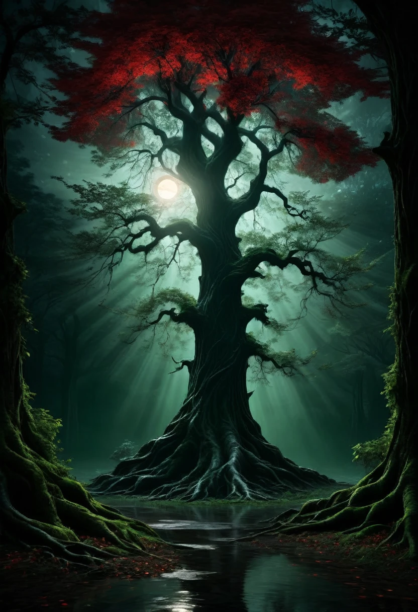 "A mysterious, moonlit scene with a tree standing at a slight distance from the viewer. The tree’s dark green leaves are shadowed, while its branches and smaller twigs glow softly in a luminous red, as if illuminated from within. Pale moonlight filters through the leaves, casting a gentle light that contrasts with the deep shadows surrounding the tree. The overall atmosphere is calm yet eerie, with the tree serving as a glowing focal point against the dark and misty backdrop. fantasy art style, cinematic composition ((​masterpiece、top-quality、ultra-definition、hight resolution))、4K picture quality