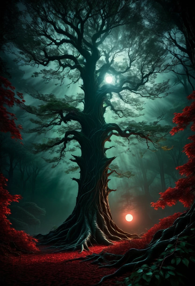 "A mysterious, moonlit scene with a tree standing at a slight distance from the viewer. The tree’s dark green leaves are shadowed, while its branches and smaller twigs glow softly in a luminous red, as if illuminated from within. Pale moonlight filters through the leaves, casting a gentle light that contrasts with the deep shadows surrounding the tree. The overall atmosphere is calm yet eerie, with the tree serving as a glowing focal point against the dark and misty backdrop. fantasy art style, cinematic composition ((​masterpiece、top-quality、ultra-definition、hight resolution))、4K picture quality