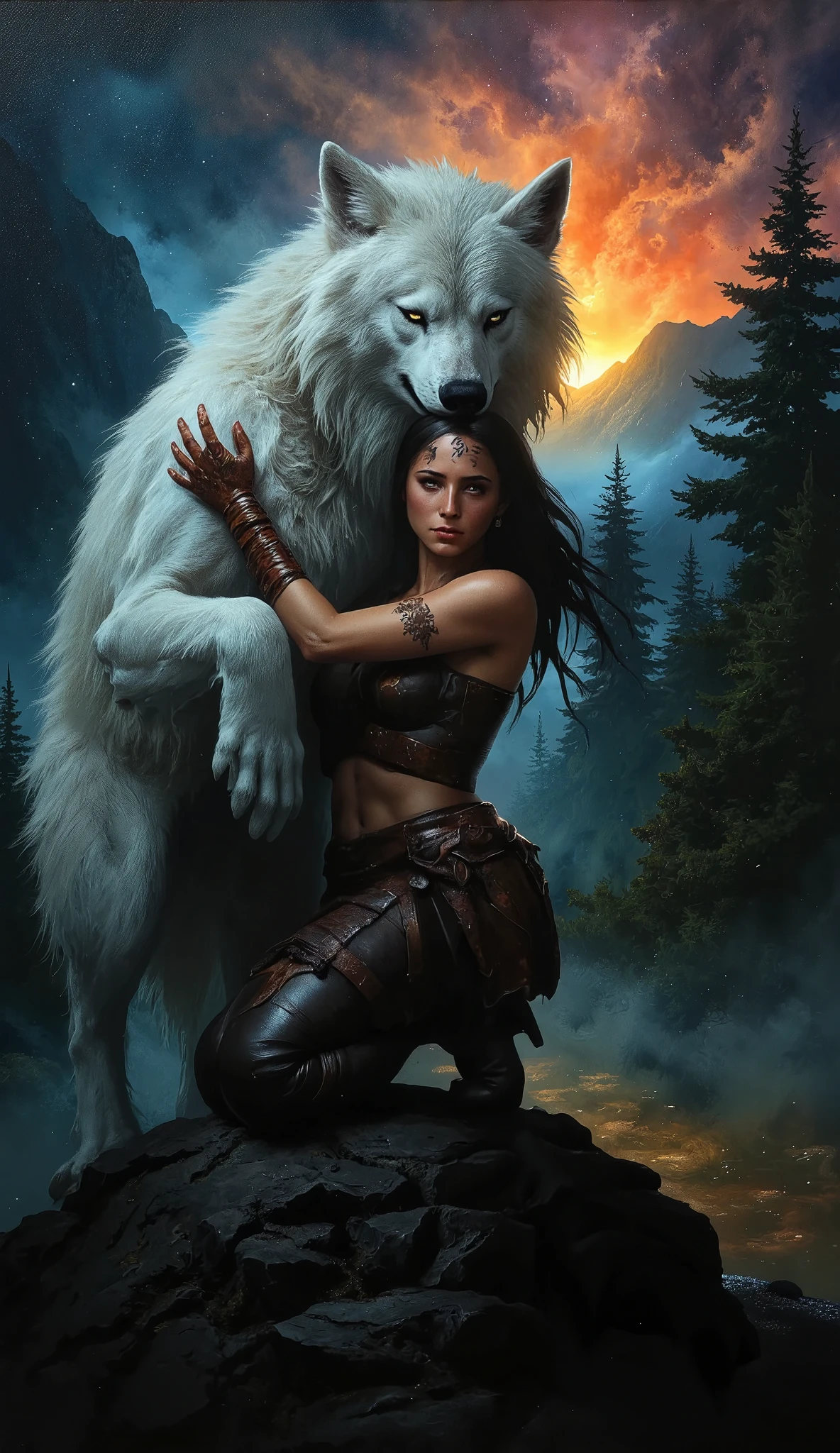 dark fantasy, horror, oil painting on canvas, a female wilderness warrior kneeling and strong hugging with arms a wounded huge white wolf, wolf is larger than woman, detailed realistic wilderness mountains forest background, 1 detailed woman, , huge white wolf with angry look, doomy, moody, dark vibrant colors, dramatic, fantasy, epic, masterpiece, hard brush, (SFW)