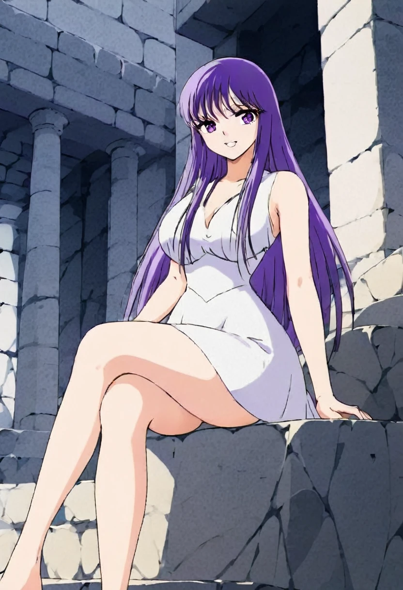  masterpiece , Saori o , very short Greek white dress, You can see her legs ,  big breasts ,  small waist , CABELLO MORADO, purple eyes, smile, happy face, Sitting with crossed legs,full body, Sitting on a stone staircase
