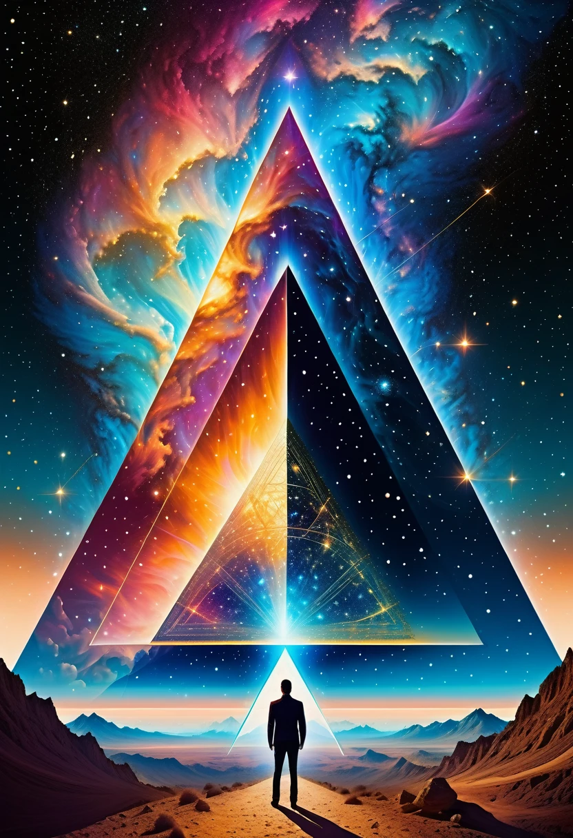 Giant triangle cybernetics，Magnificent cosmic starry sky background，Intricate illustration in surreal art style，surreal dream，Dubrec style，Transparent geometric shape close-up，（multiple exposure：1.8），A man standing at the entrance，Alphad&#39;s image with a star in the sky, Entering the ethereal realm, A gateway to another universe, The passage to the ethereal realm, artgem and beeple masterpiece, A stargate to another dimension, futuristic stargate, cosmic eye, Movie Bee, Jessica Rossier Fantasy Art