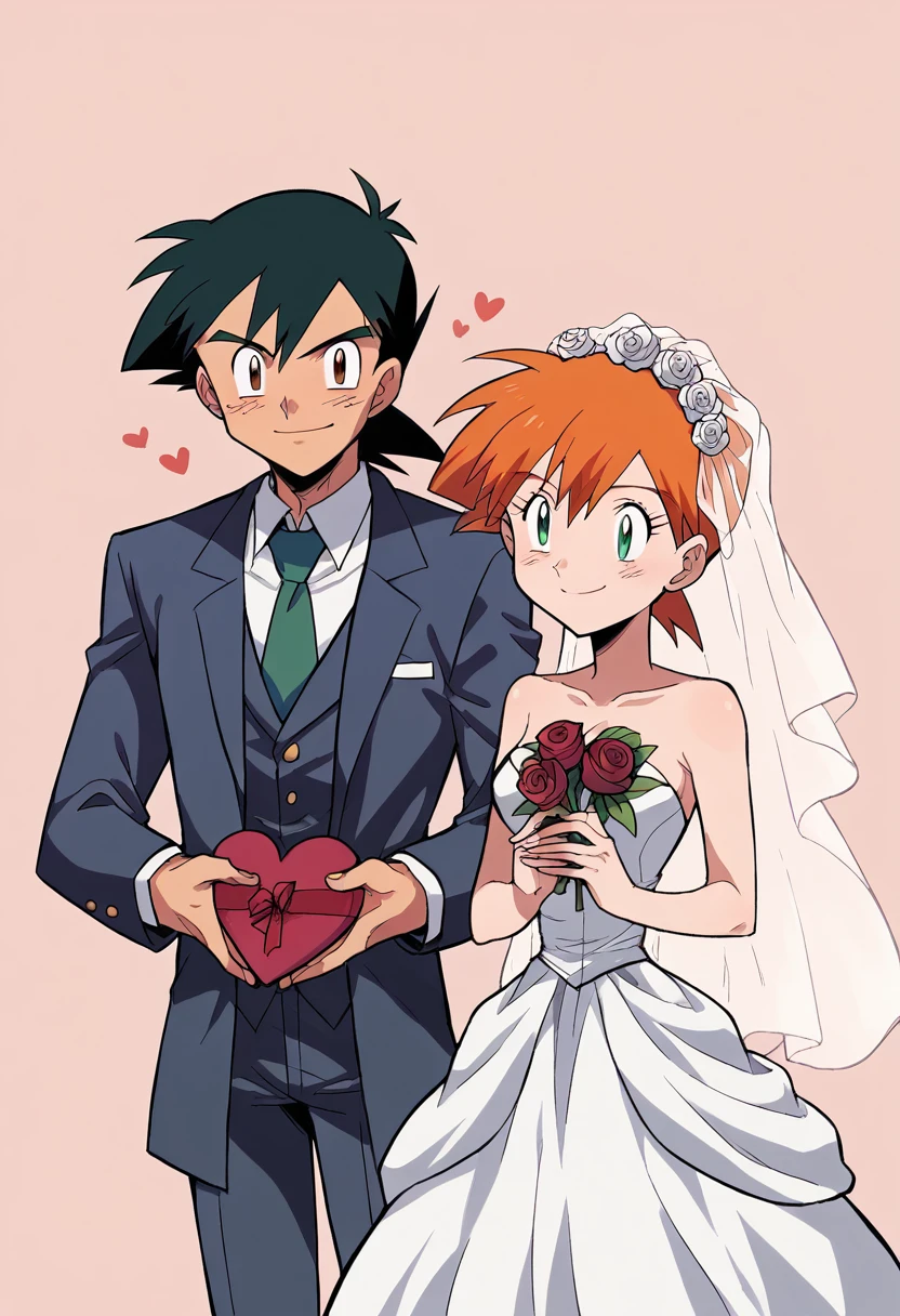 rompts
Copy
1boy, black hair, brown eyes, hair between eyes, ash ketchum, groom, suit, handsome boy, macho, good looking boy 1girl, misty pokemon, orange hair, hair down, green eyes, bride, pretty, beautiful girl photograph of a 18 years old couple, Masterpiece, Valentine's day, hapiness，Smile，chocolate，Rose，Heart，wedding，Wedding dress，animation aesthetics，ultra high definition, masterpiece, precise, anatomically correct, textured skin, Super details, 8K
