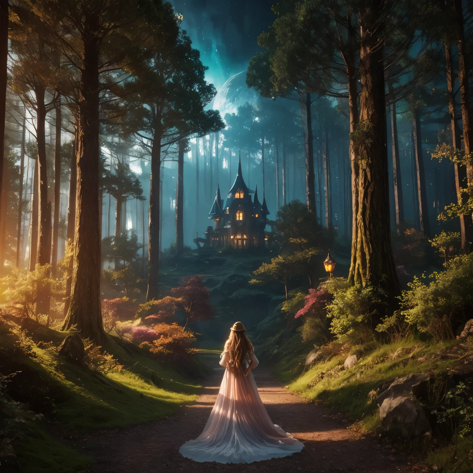 A dreamlike fantasy landscape, a surreal forest with glowing mushrooms, floating islands, and a whimsical castle in the distance, 1girl, detailed face, beautiful eyes, long hair, detailed dress, walking through the mystical scenery, (best quality,4k,8k,highres,masterpiece:1.2),ultra-detailed,(realistic,photorealistic,photo-realistic:1.37),fantasy,surreal,dreamscape,magical,ethereal,glowing,vibrant colors,dramatic lighting