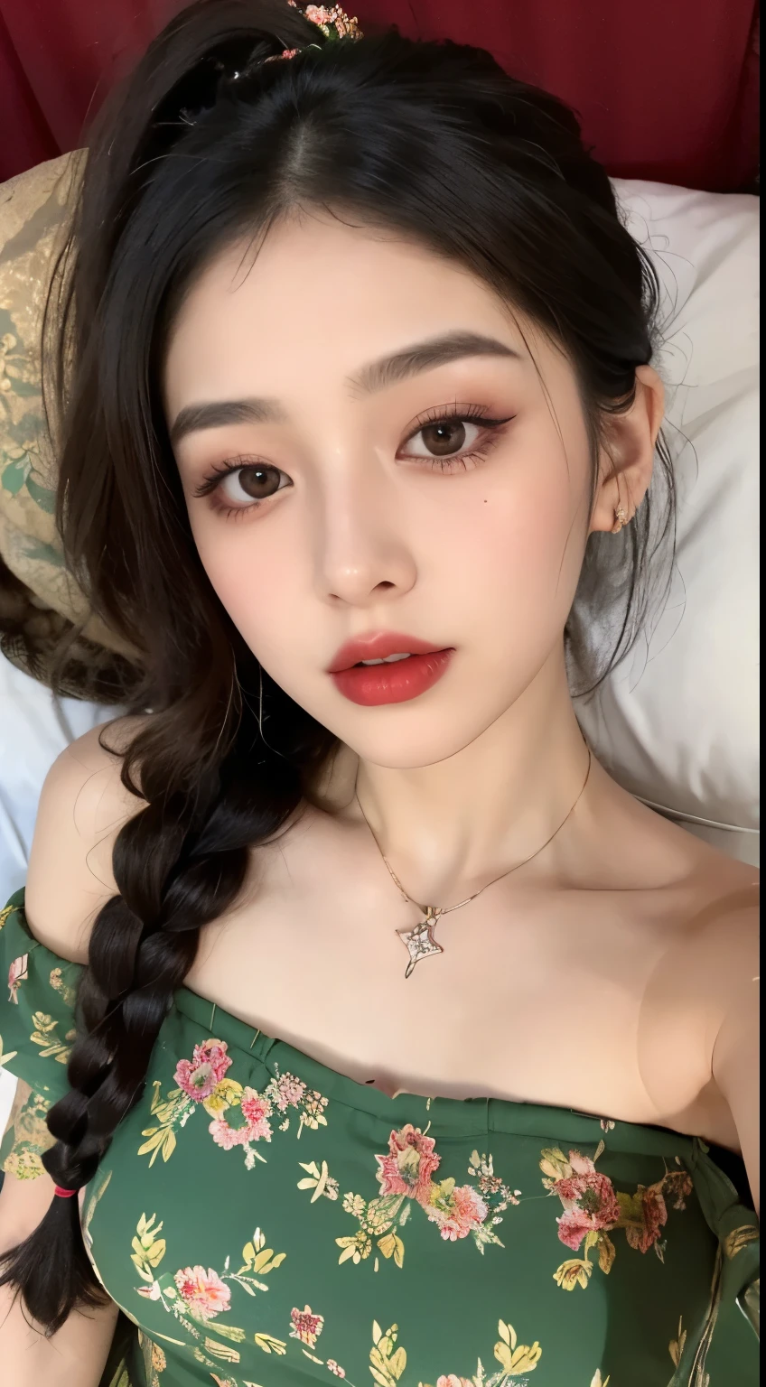 Kim Jennie with white brown hair, con rulos en las puntas, with two bows on each side of the hair, all her hair white brown, with a star clip in her white brown hair, ojos de color claro, ojos bonitos, ojos llorosos, nariz bonita y respingada, nariz lloroso, labios bonitos, labios rosas, heart and cupid shaped lip, piel bonita, pale, piel blanca, con lunares y pecas en todo el rostro, rubor rosa suave en las mejilla, rubor rosa natural, maquillaje suave y rosa, jennie, cuello bonito, cuello marcado, frown, mirada tierna, con un collar de beso, un collar bonito de beso, parecido a Yumeko Jabami, mientras lleva puesto un Crochet YK2, de lana, with a YK2 style brown mini skirt, mientras lleva una casaca con estampados de ositos, mientras tiene el abdomen desnudo, delgado, marcado y bonito, (pechos grandes, pechos suaves, pechos bonitos), mientras esta haciendo cospaly del personaje Yumeko Jabami, del anime Kakegurui, mirando a la camara