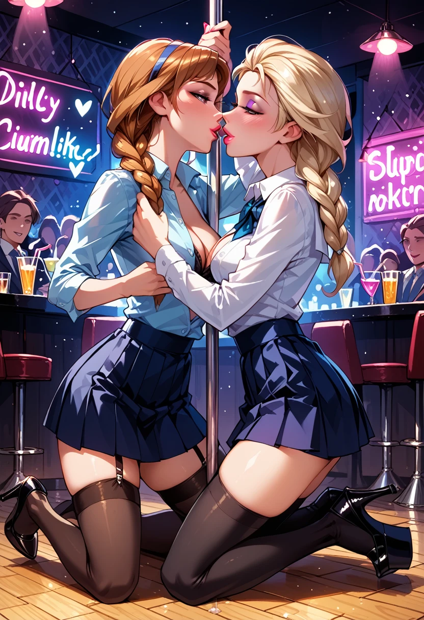 man and girl, she is blonde, 23 years old, long hair. He is brutal (brunette:1.1)(short hair:1.3), 34 years old, hug, (moon:1.1), , (4k, Raw photo, highest quality, Depth of the bounds written, ultra high resolution:1.1)A man is embracing a beautiful woman from behind, his right hand touching her chest and his left hand on her groin. The woman lightly touches the man's arm, showing a hint of resistance but also wearing a blissful expression, gasping in pleasure.woman wearing white long sleeve button up blouse_brown pleated mini skirt＿Put the shirt inside the skirt,woman hair is blonde hair, wavy hair, super long hair,Sits on a bar chair by the counter in a seductive pose in a stylish bar at night,she grabbing his dick,nude,cock in her mouth ,a handsome man grab her head