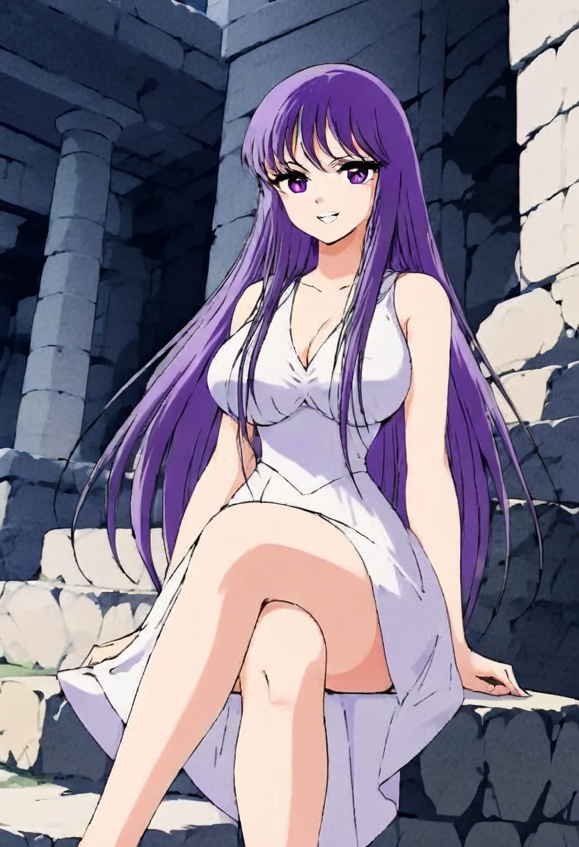  masterpiece , Saori o , very short Greek white dress, You can see her legs ,  big breasts ,  small waist , CABELLO MORADO, dark purple eyes, smile, happy face, Sitting with crossed legs,full body, Sitting on a stone staircase
