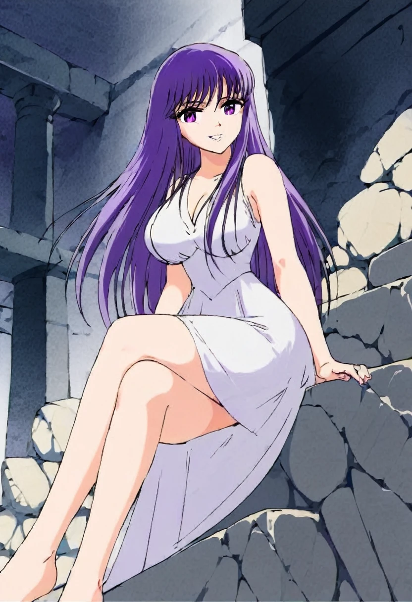  masterpiece , Saori o , very short Greek white dress, You can see her legs ,  big breasts ,  small waist , CABELLO MORADO, dark purple eyes, smile, happy face, Sitting with crossed legs,full body, Sitting on a stone staircase
