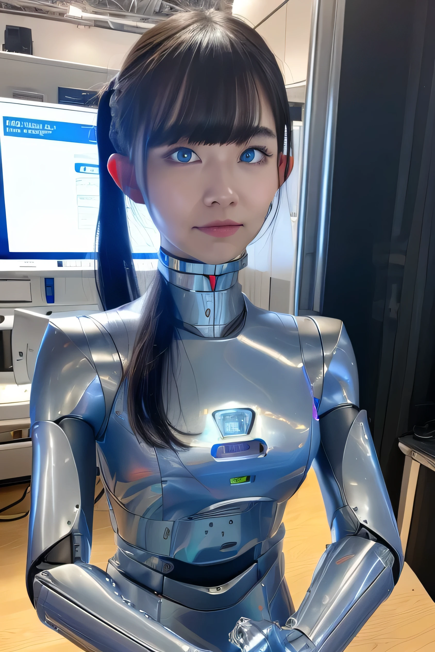 masterpiece, best quality, extremely detailed, Japaese android girl,Plump ,control panels,android,Droid,Mechanical Hand, Robot arms and legs,Blunt bangs,perfect robot girl,long tube,thick cable connected her neck,android,robot,humanoid,cyborg,japanese cyborg girl ,robot-assembly plant,She has assembled now,assembly scene,chest monitor,blue eyes,