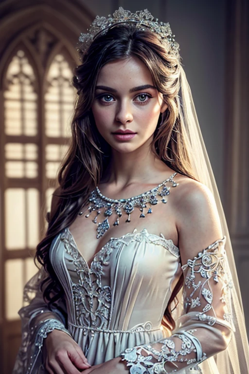 (masterpiece, Highest quality: 1.4), Detailed Background, White Crystal, Crystal clusters,Long Hair,jewelry, Earrings, necklace, Crown, bride, Gray Hair, Hello,