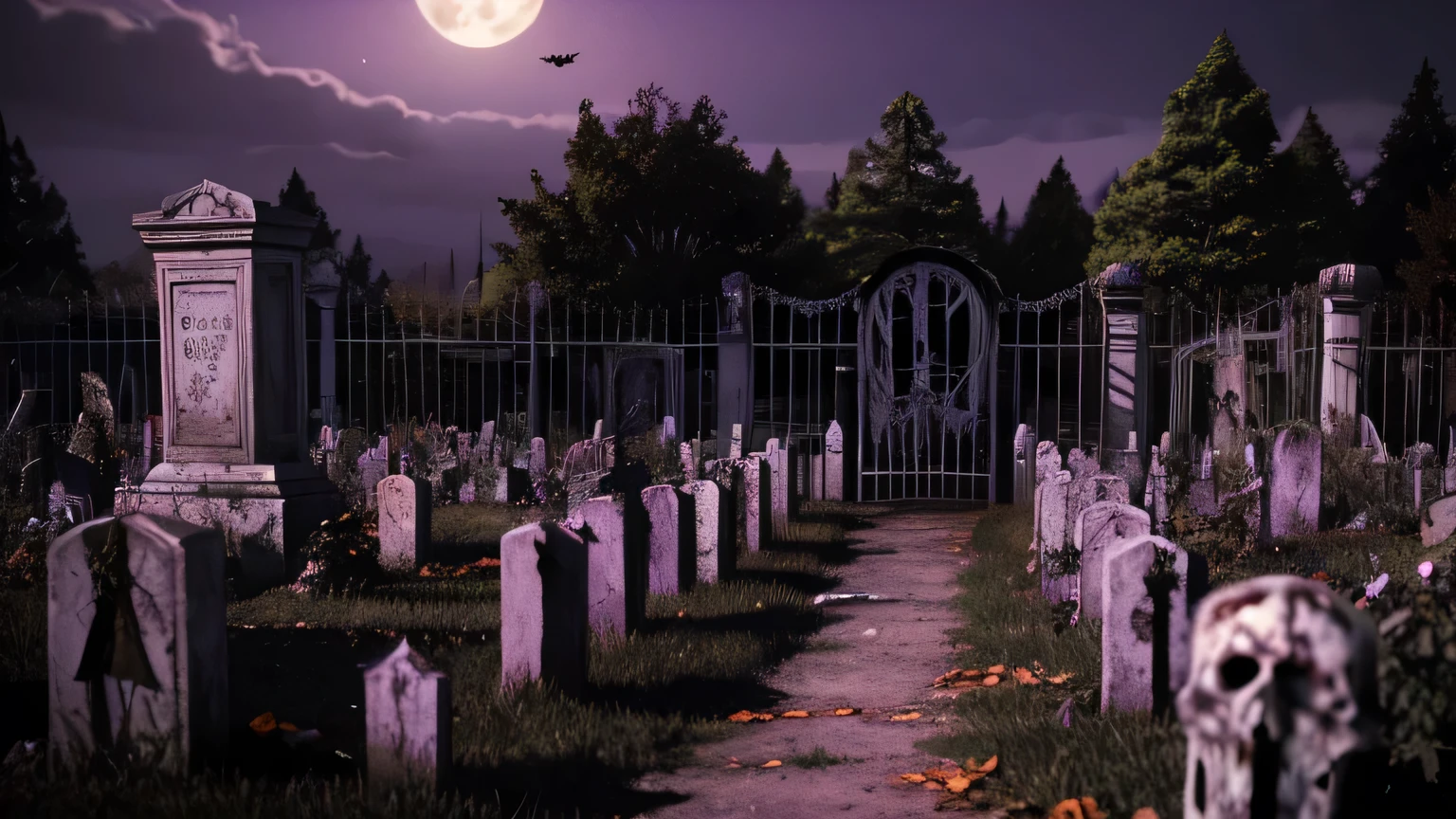 Halloween themed scenery . realistic.  Use purple shades .  A very creative realistic art of a very macabre and sinister setting.  It may contain some life-size zombies walking to meet you as if to capture you . cemetery. Zombie horde.