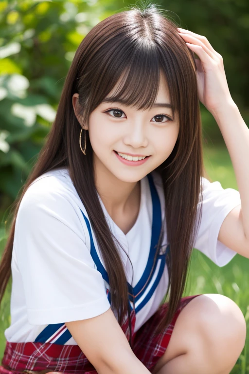 High quality masterpiece, 8k, , Japanese girl,  RAW Photos,      Winner portrait smile face, 笑face, Alone, uniform, Summer Clothes Idol&#39;face, violet, Gardenia, Delicate girl,      long black hair   , Dark Eyes, Upper body digital SLR, Frank, Sophisticated,  Thin arms,         perfect for professional writing  ,  chromatic ablation  , (Details of the eye and face: 1.0), (Bokeh button:1.1)