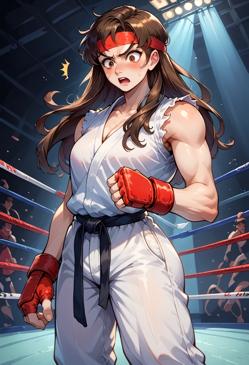 score_9, score_8_up, score_7_up, 1girl, solo,genderswap \(mtf\), skinny, Ryustr33tf1ght, black gair, long hair, brown hair, brown eyes, red headband, white dougie, sleeveless, white pants, black belt, red gloves, fingerless gloves, standing, hands on shirt,  shocked, blushing, looking down, fighting ring, oversized pants, camera flashes