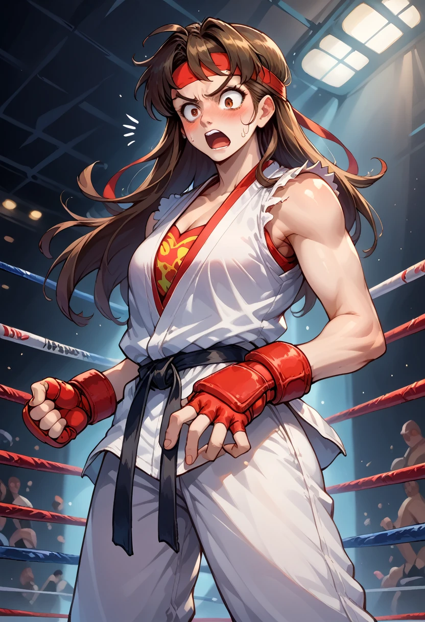 score_9, score_8_up, score_7_up, 1girl, solo,genderswap \(mtf\), skinny, Ryustr33tf1ght, black gair, long hair, brown hair, brown eyes, red headband, white dougie, sleeveless, black belt, red gloves, fingerless gloves, standing, hands on shirt,  shocked, blushing, looking down, fighting ring, oversized pants, camera flashes