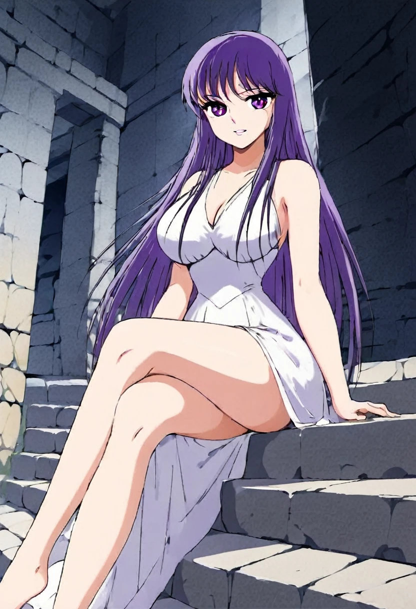  masterpiece , Saori o ,  very short Greek white dress, You can see her legs ,  big breasts ,  small waist , CABELLO MORADO, dark purple eyes, smile, happy face, Sitting with crossed legs,full body, Stone stairs , pose sexy
