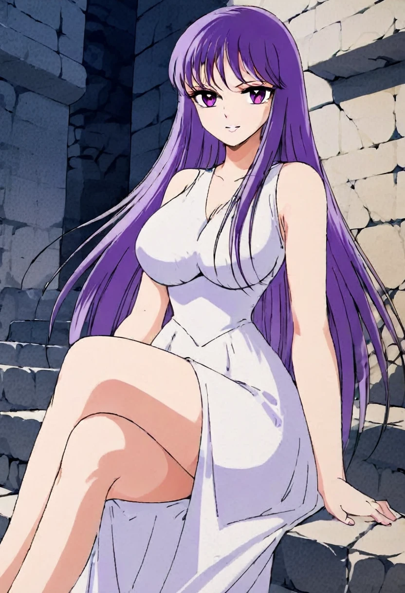  masterpiece , Saori o ,  very short Greek white dress, You can see her legs ,  big breasts ,  small waist , CABELLO MORADO, dark purple eyes, smile, happy face, Sitting with crossed legs,full body, Stone stairs , pose sexy
