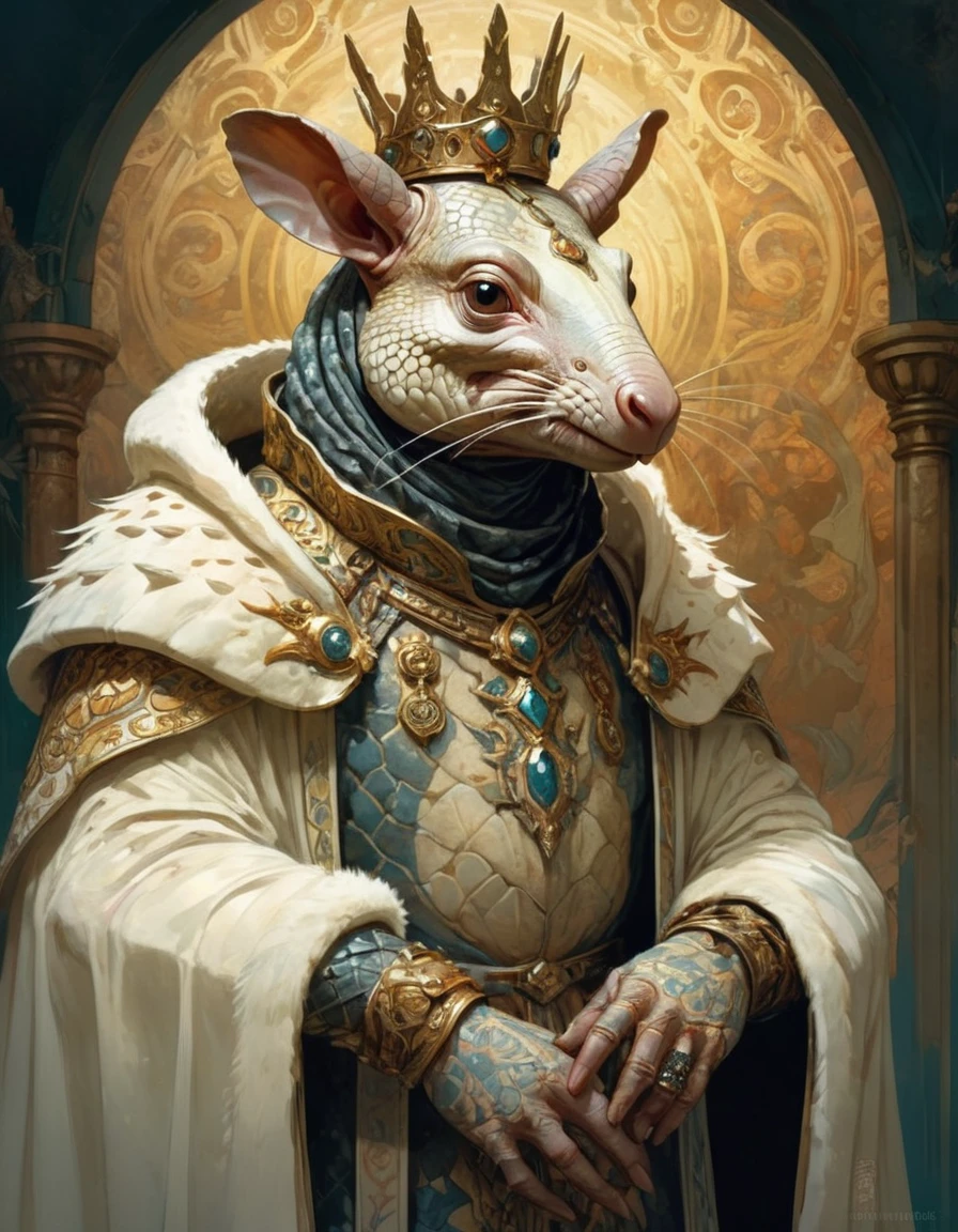 Anthropomorphic hybrid armadillo king, side-view, clasped hands, ultra-realistic, highly detailed portrait, cinematic, inspired by Path of Exile, Diablo, Warhammer, digital painting, concept art style, Nekro, Peter Mohrbacher, Alphonse Mucha, Brian Froud, Yoshitaka Amano, Kim Keever, Victo Ngai, James Jean. Medieval setting with rich ornamentation and dramatic candlelit background, golden royal robe with intricate patterns, white fur cloak with black spots, and imposing crown adorned with precious stones. Serious and contemplative expression, exuding dignity and authority
