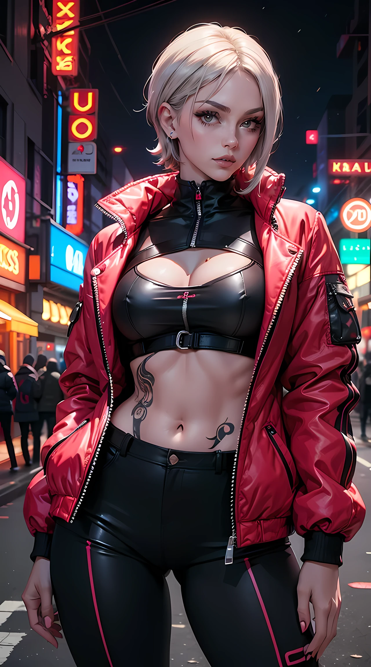 Beautiful woman is shown to have a sexy figure, colorful hair, wearing future red and white cyber city clothes, big red and white colorful puffy jacket, lots of facial piercings, tattoos, neon city, cybernetics, she has red eyes, sexy session, elegant posing, cowboy shot, superior quality, many details, realistic,