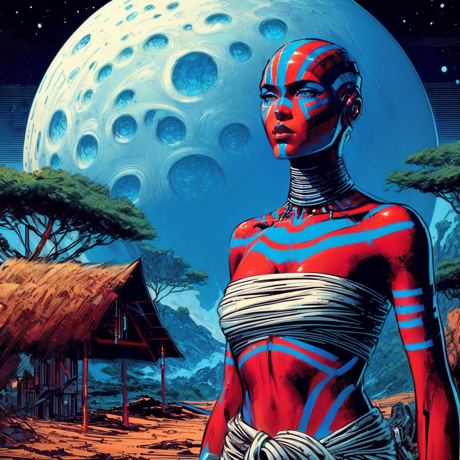 a close up of a woman with a blue and red body, ahsoka tano, portrait of ahsoka tano, afrofuturism, afrofuturism style, greg beeple, beautiful avatar pictures, african female android, vibrant fan art, painting by android jones, inspired by Tim Hildebrandt, afrofuturistic, inspired by Tim Doyle, epic full color illustration