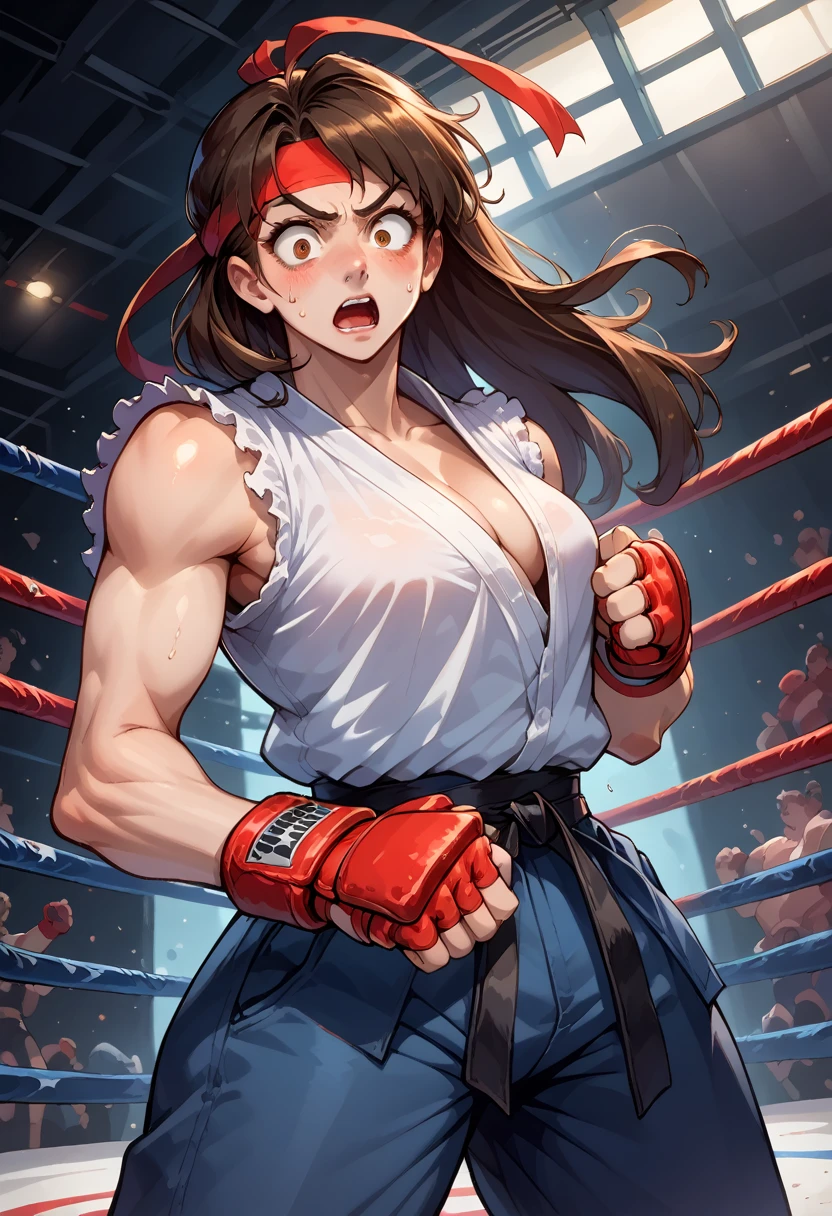 score_9, score_8_up, score_7_up, 1girl, solo,genderswap \(mtf\), skinny, Ryustr33tf1ght, black gair, long hair, brown hair, brown eyes, red headband, white dougie, sleeveless, black belt, red gloves, fingerless gloves, closing shirt, hands on shirt, standing, hands on shirt,  shocked, blushing, looking down, fighting ring, oversized pants, camera flashes