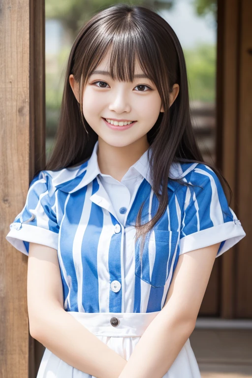 High quality masterpiece, 8k, Japanese girl,  RAW photo, Winner portrait smile face, 笑face, Alone, uniform, Summer Clothes Idol&#39;face, violet, Gardenia, Delicate girl,        long black hair    , Dark Eyes, Upper body digital SLR,  Frank, Sophisticated,  Thin arms,         Perfect for professional writing     ,           chromatic ablation   , (Details of the eye and face: 1.0), (Bokeh button:1.1)