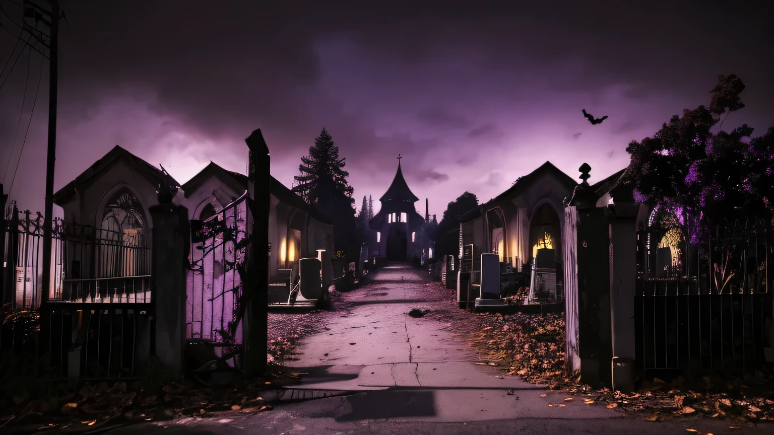 Halloween themed scenery . realistic.  Use purple shades .  A very creative realistic art of a very macabre and sinister setting.  It may contain some life-size zombies walking to meet you as if to capture you . cemetery. Zombie horde. Lots of zombies coming to meet you . dark scenario, trash, terror. Dark night. lua.