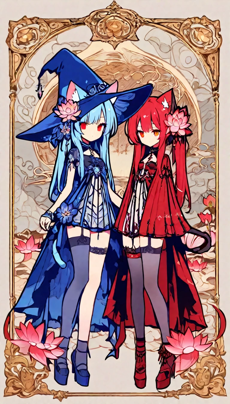  2 girls , 4K, The witch in the hat 、Blue and red hair 、stockings,   red eyes , , cat ears, hair flower, lotus,   high definition  , One, masterpiece,   Best quality, standing 