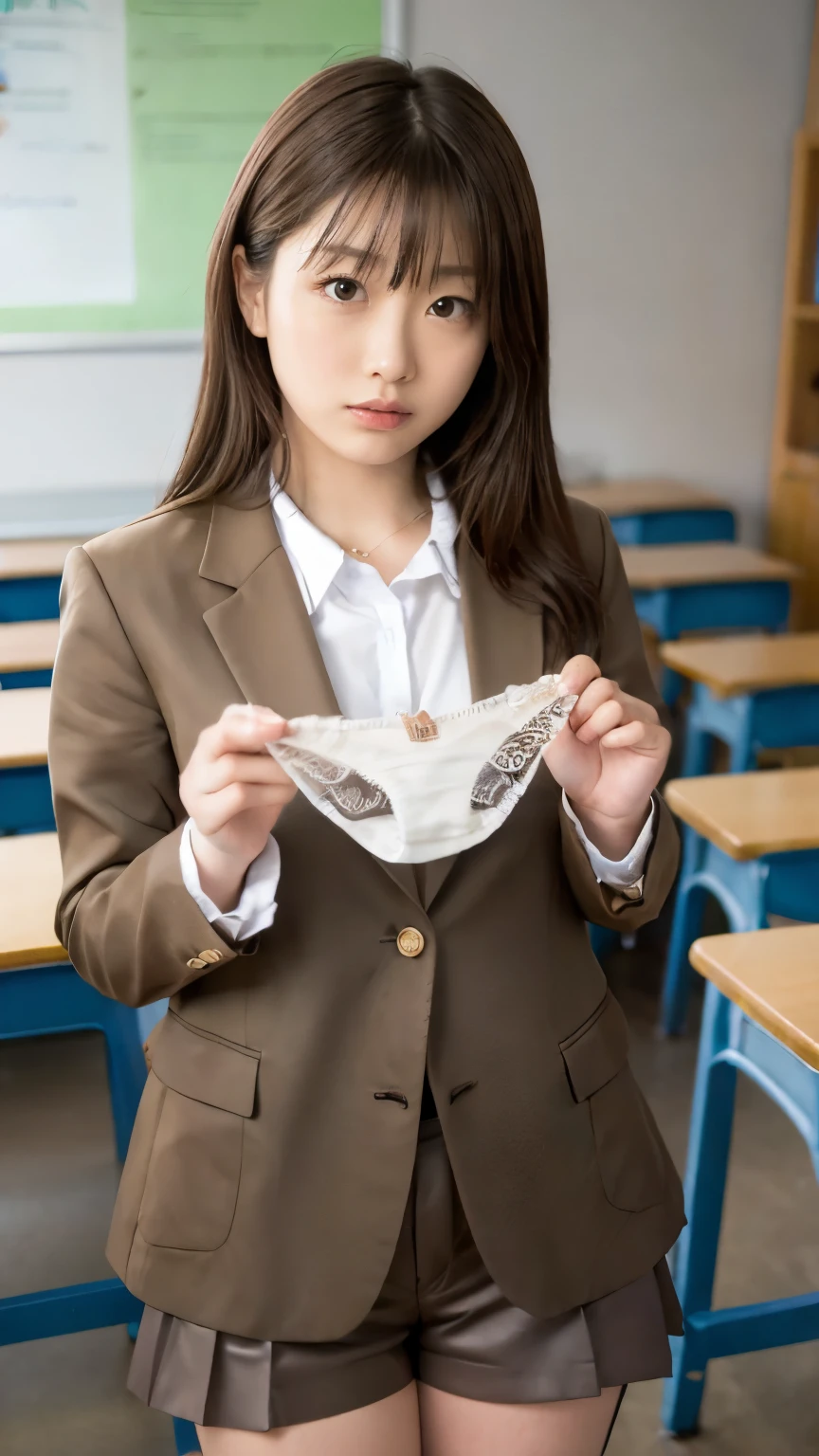   very detailed ,  8K resolution RAW color photos  ,(  upper body, face:1.3)美しいface, Viewers, school uniform blazer   , In the classroom 。, Pay attention to the panties ,   Shorts presentation , panties, Simple white panties,   Center-parted bangs  ,   studio lighting  ,((  embarrassing))
