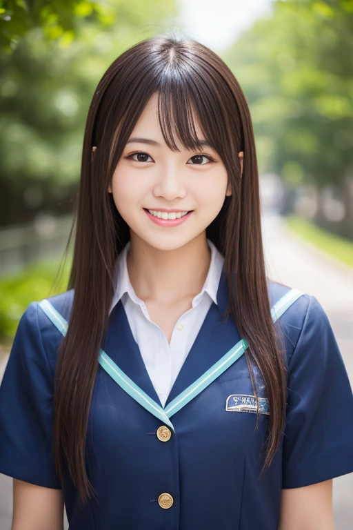 High quality masterpiece, 8k,Japanese girl,  RAW photo, Winner portrait smile face, 笑face, Alone, uniform, Summer Clothes Idol&#39;face, violet, Gardenia, Delicate girl,        long black hair    , Dark Eyes, Upper body digital SLR,  Frank, Sophisticated,  Thin arms,         Perfect for professional writing     ,           chromatic ablation   , (Details of the eye and face: 1.0), (Bokeh button:1.1)