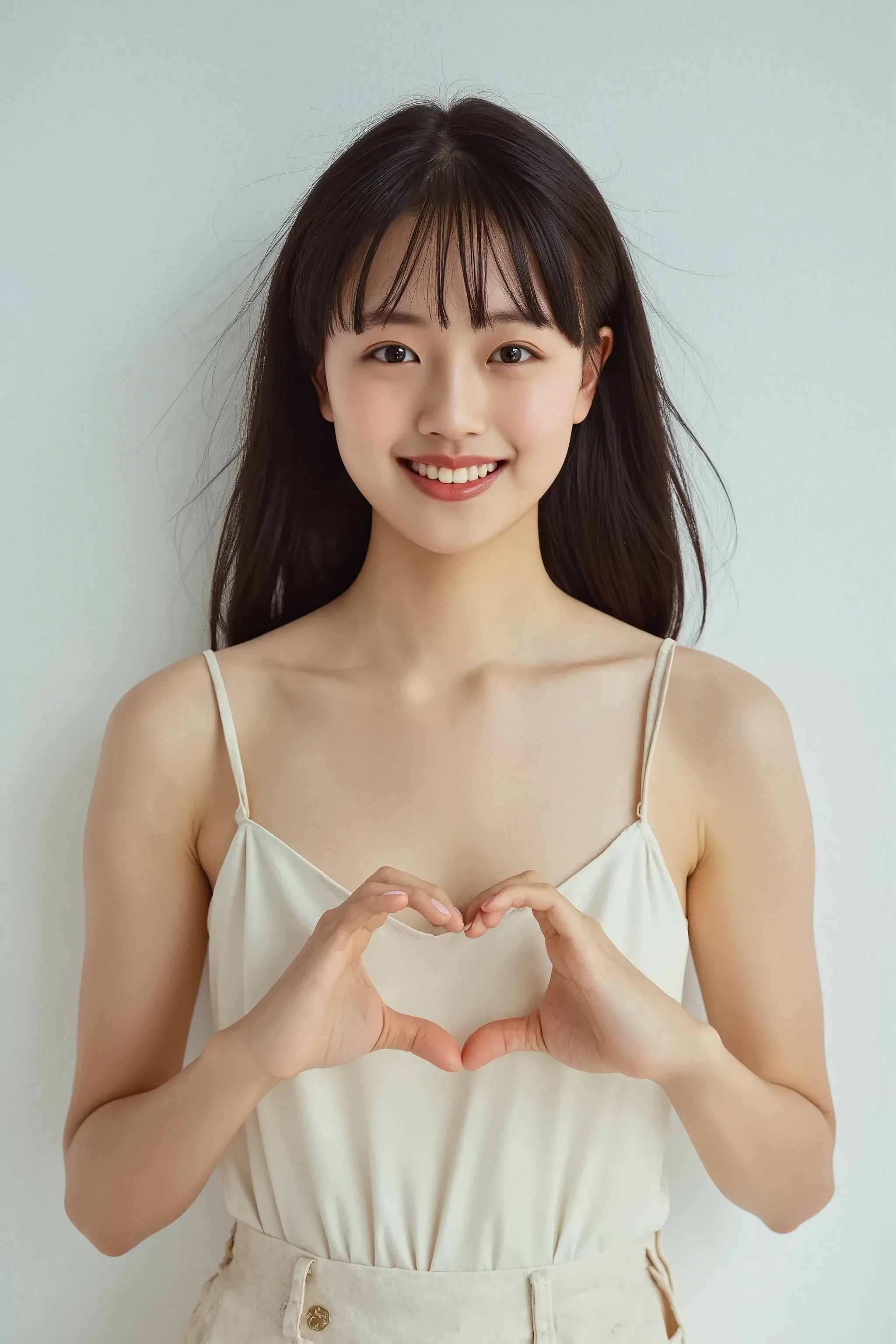 She is in a pose wearing a sexy camisole, making a firm big heart shape with both hands, and holding it in front of her chest, Cute smile up

