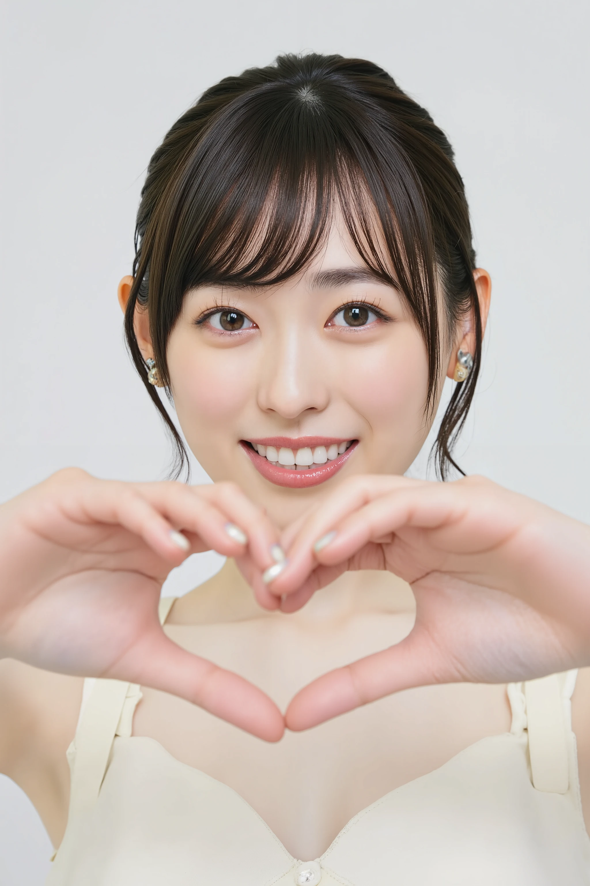 She is in a pose wearing a sexy camisole, making a firm big heart shape with both hands, and holding it in front of her chest, Cute smile up

