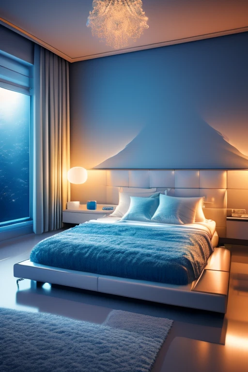 a dreamy bedroom, white interior, blue hour, misty, foggy, hazy, wide shot, 80s aesthetic, detailed lighting, soft textures, pastel colors, cinematic atmosphere, photorealistic, 4k, high resolution, masterpiece, icy cold