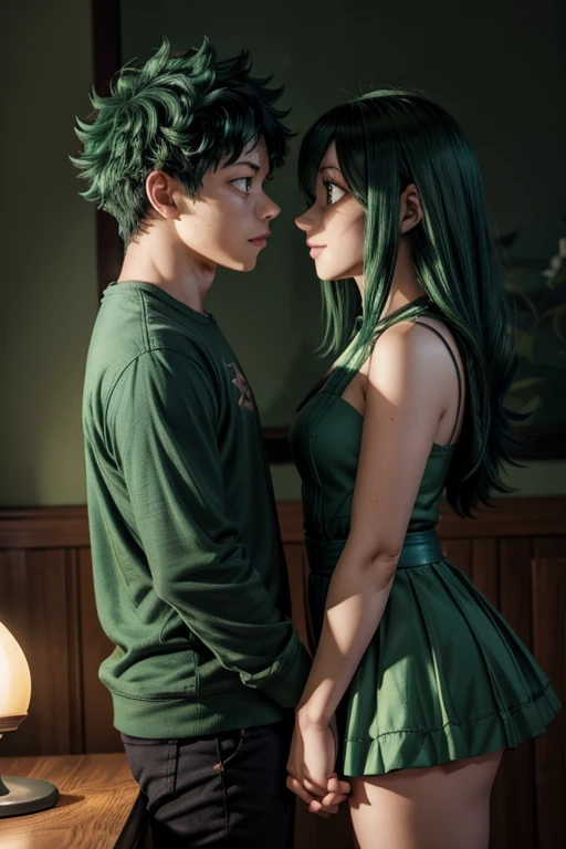 "Midoriya Izuku and Tsuyu Asui, couple kissing in front of a lamp, in a dark room. Tsuyu Asui kissing Midoriya Izuku; (Tsuyu Asui long green hair):1.1), BREAK, (Midoriya Izuku short green hair):1.1). remarkable art, professional digital art, photorealistic anime, 8k."