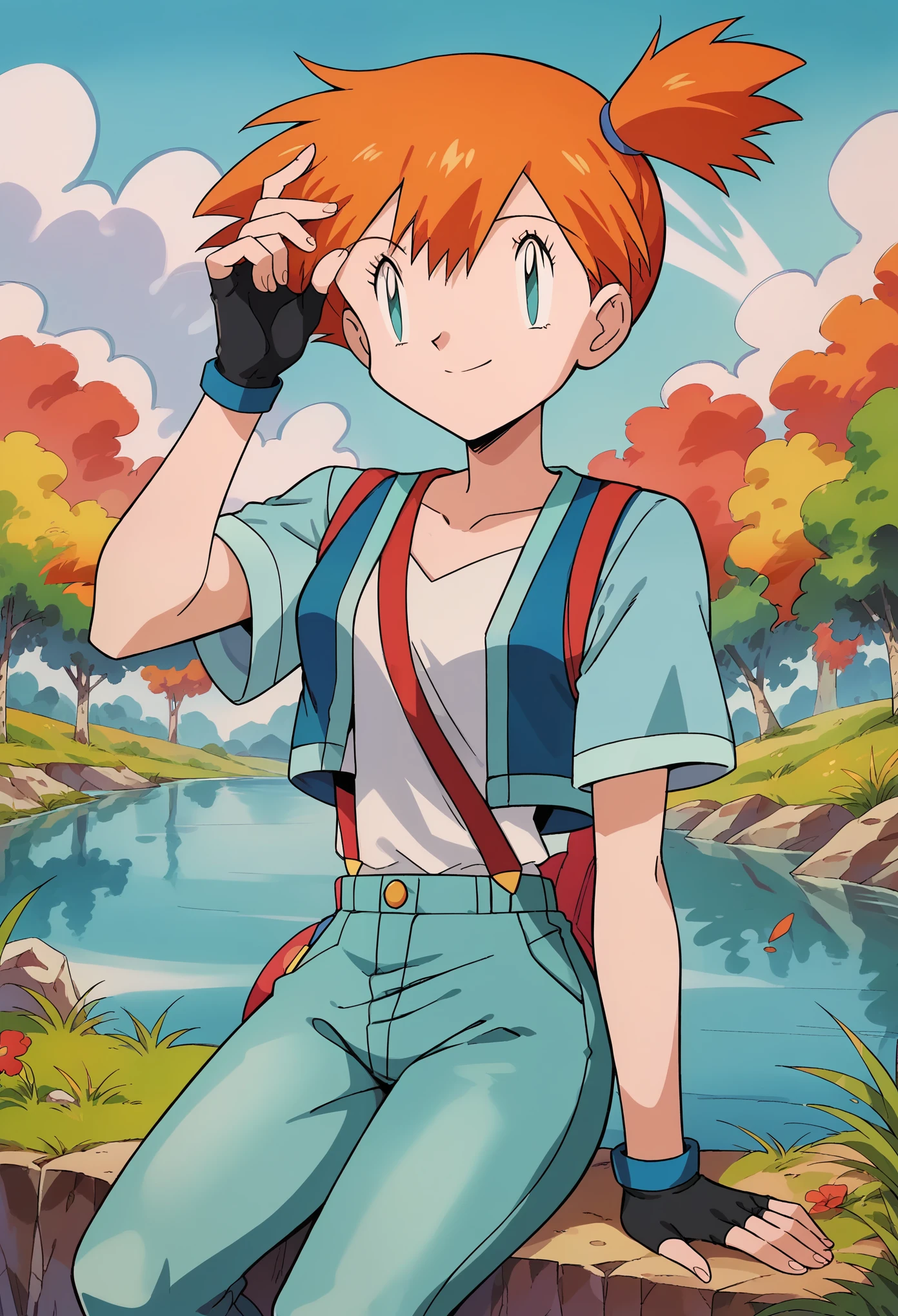 (masterpiece, highres, best quality:1.3), outdoors, hat, gloves, solo, aqua eyes, fingerless gloves, closed mouth, day, eyelashes, 1girl, misty \(pokemon\), cosplay, blue jacket, grass, short hair, short sleeves, red headwear, black gloves, jacket, sky, pants, cloud, baseball cap, hand on headwear, smile, grey pants, bangs, hand up, orange hair, collarbone, shirt, tree, water, gonzarez