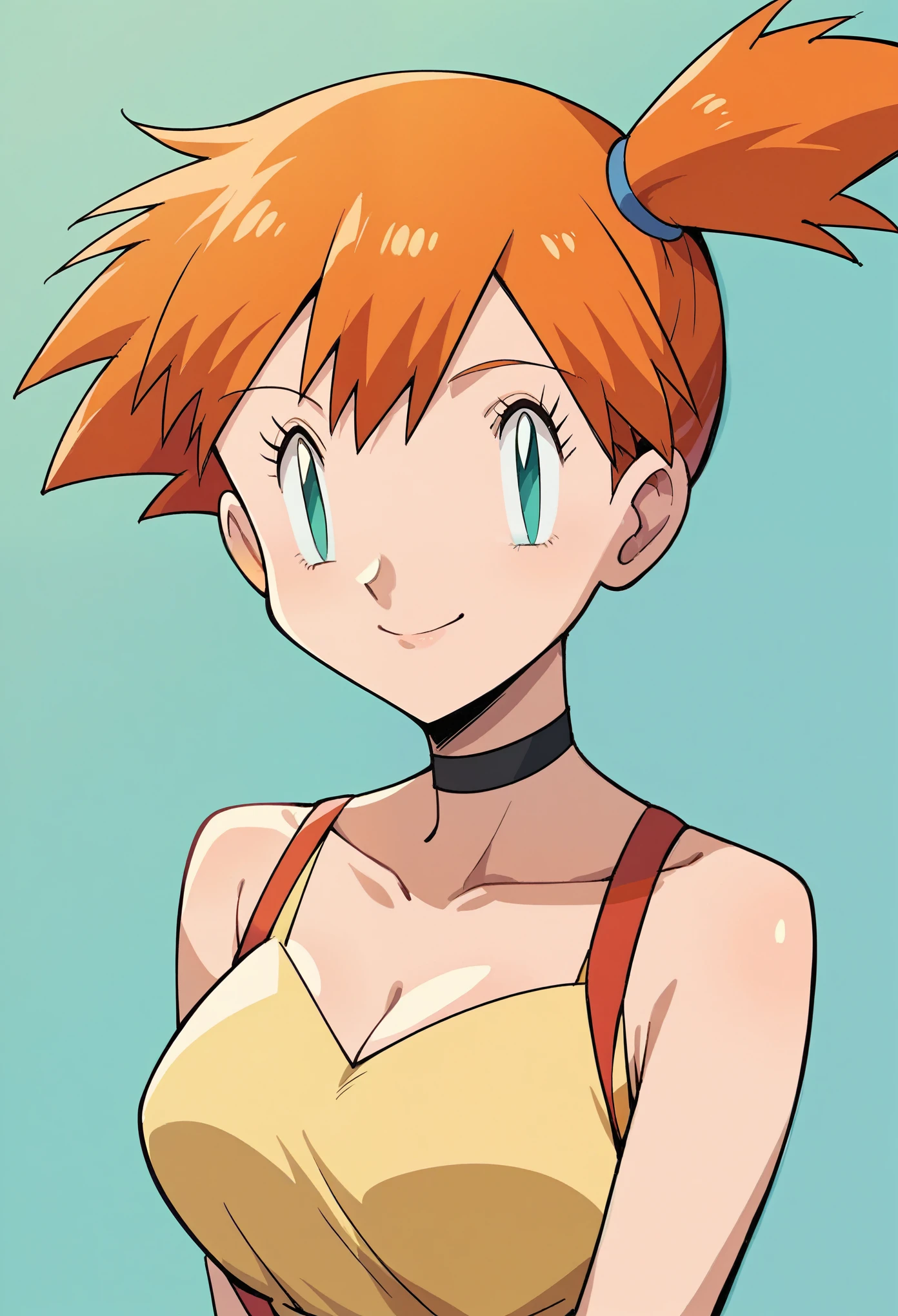 masterpiece, best quality, 1girl,misty \(pokemon\), short hair, orange hair, aqua eyes, eyelashes, black choker, hair bow, dress, collarbone, large breasts, upper body, smile, looking at viewer, solo, simple background