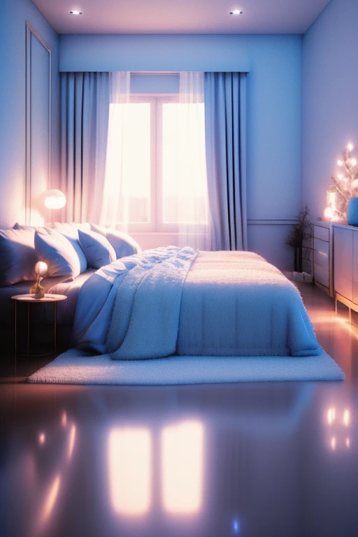 a dreamy bedroom, white interior, blue hour, misty, foggy, hazy, wide shot, 80s aesthetic, detailed lighting, soft textures, pastel colors, cinematic atmosphere, photorealistic, 4k, high resolution, masterpiece, icy cold