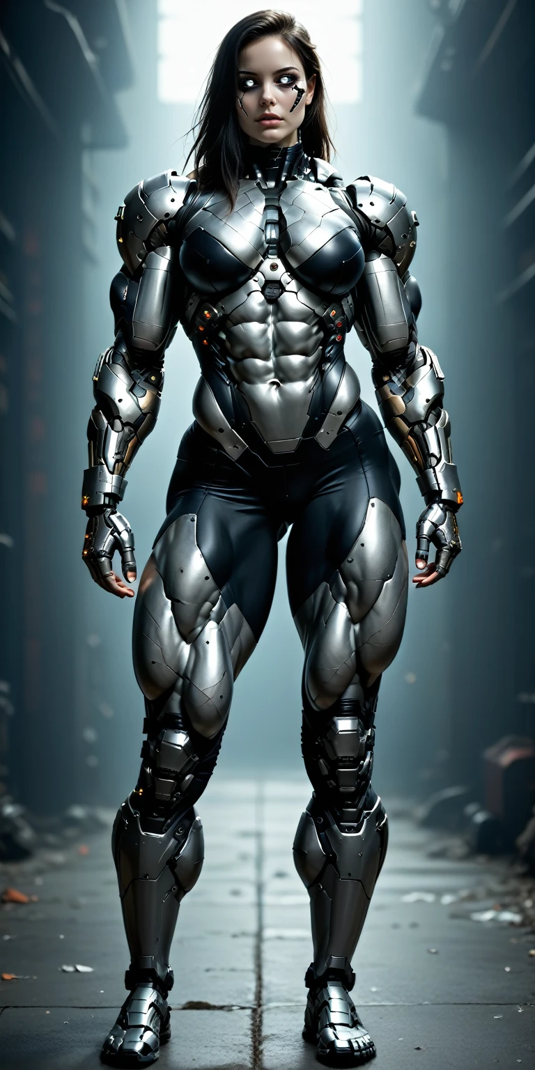 score_9, score_8_up, score_7_up, photo, photorealistic, Gorgeous sexy muscular (skinny) cyborg girl, (white eyes, black sclera:1.5), (full cyborg mechaExosuit:1.45), (black metallic cyborg arms, legs, thighs, & torso:1.75), goth makeup,  sinozick style, (skinny legs:0.75), (full body view:1.45), (veiny muscles, broad shoulders, muscular flat pecs, bodybuilder physique:1.25), (beautiful girl face:1.25)