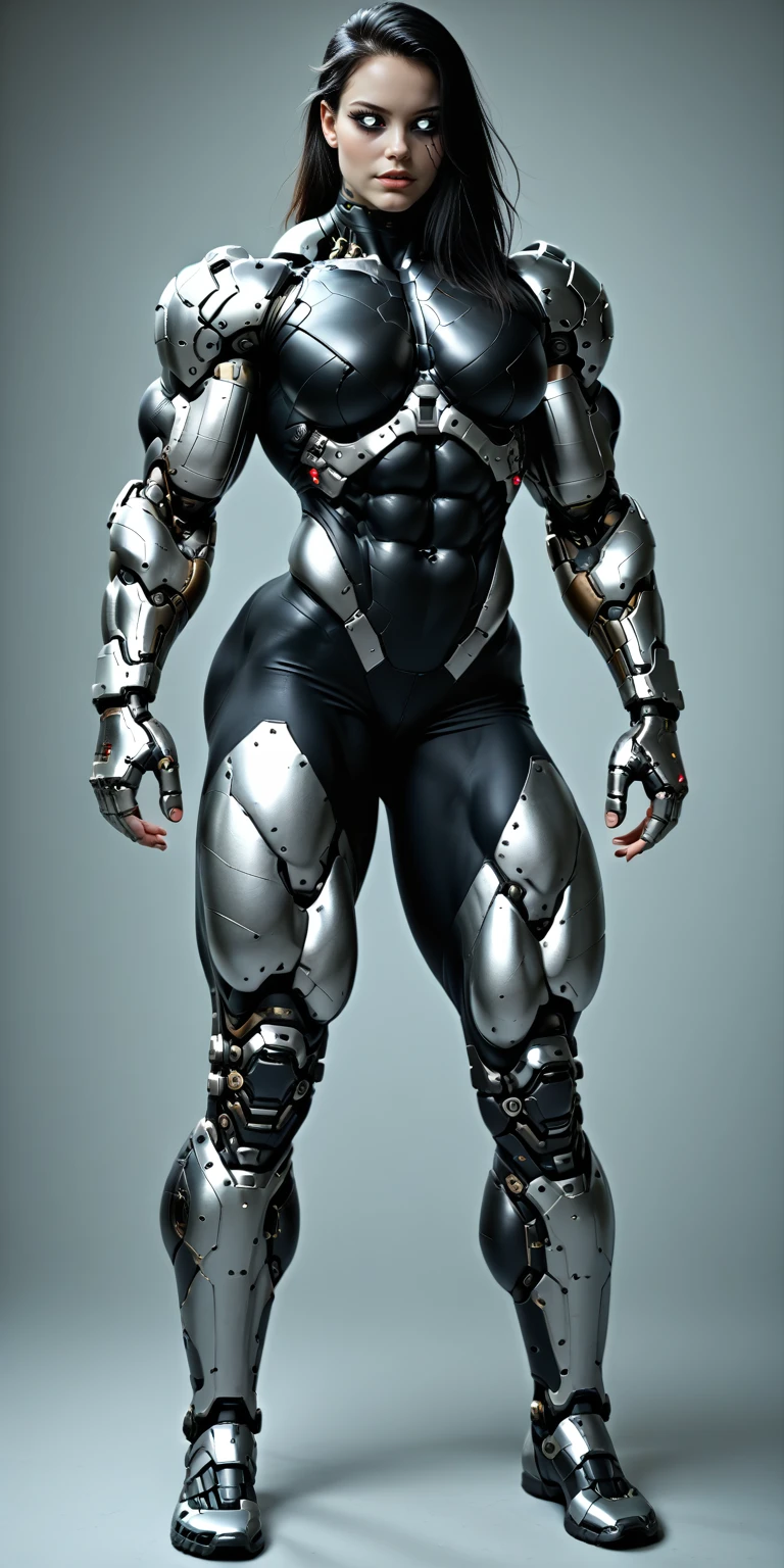 score_9, score_8_up, score_7_up, photo, photorealistic, Gorgeous sexy muscular (skinny) cyborg girl, (white eyes, black sclera:1.5), (full cyborg mechaExosuit:1.45), (black metallic cyborg arms, legs, thighs, & torso:1.75), goth makeup,  sinozick style, (skinny legs:0.75), (full body view:1.45), (veiny muscles, broad shoulders, muscular flat pecs, bodybuilder physique:1.25), (beautiful girl face:1.25)