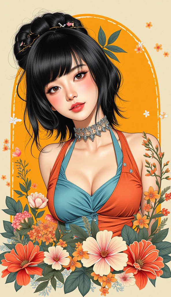 Create digital artwork in pop art, Featuring a bright and confident young asian girl，Street fashion, Movie Color Scheme, Surrounded by vintage floral motifs, Bright brush strokes,Emotions should be dynamic, upper-body, Drawing, illustartion, Grayscale, tropical, lots of flowers,