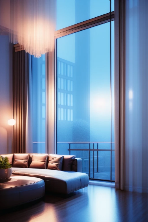 a dreamy apartment, white interior, blue hour, misty, foggy, hazy, wide shot, 80s aesthetic, detailed lighting, soft textures, pastel colors, cinematic atmosphere, photorealistic, 4k, high resolution, masterpiece, icy cold