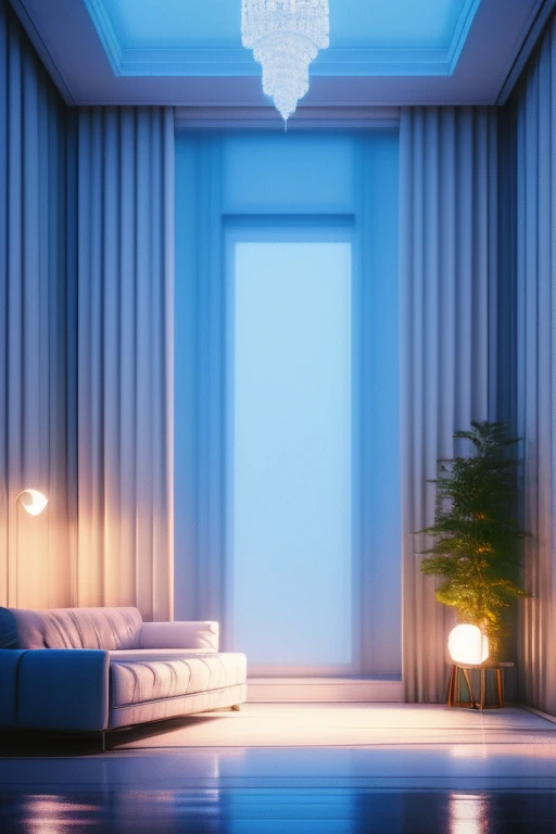 a dreamy apartment, white interior, blue hour, misty, foggy, hazy, wide shot, 80s aesthetic, detailed lighting, soft textures, pastel colors, cinematic atmosphere, photorealistic, 4k, high resolution, masterpiece, icy cold